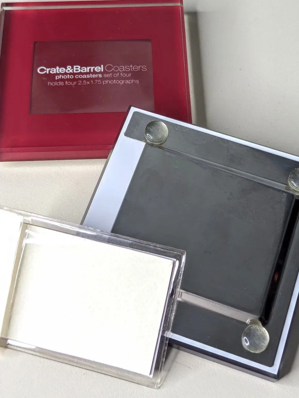 Crate&Barrel Colored Glass Picture Frame Coasters In Dark Wood Holder Set Of 4